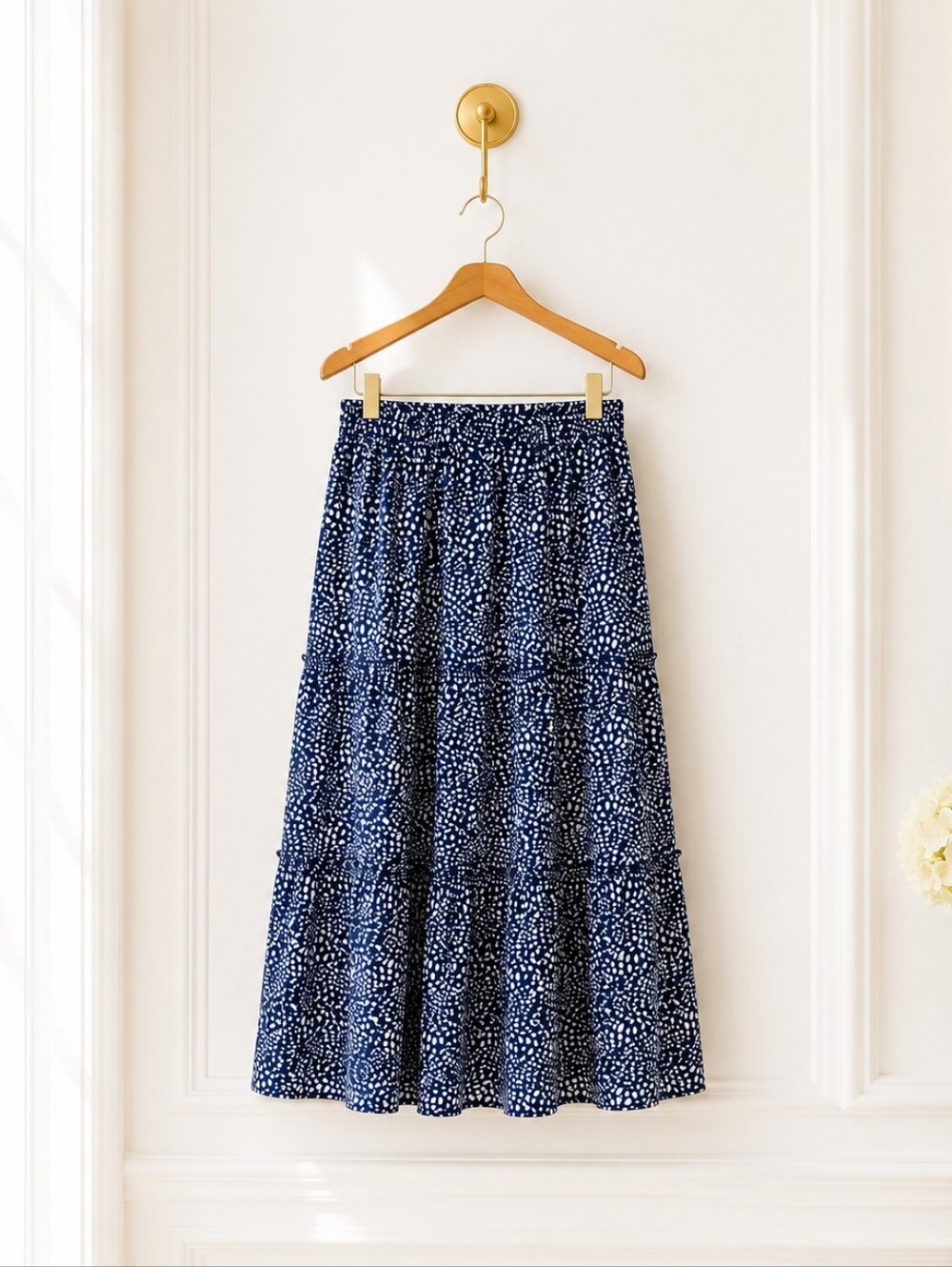 Navy Tiered Midi Skirt | Blue Ivory Print Boho Cottagecore Elastic Waist | XL - Picture 5 of 7
